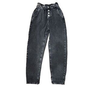 ZARA Paperbag Jeans Black Denim Cotton Baggy High Waist Tapered Leg Women's 0